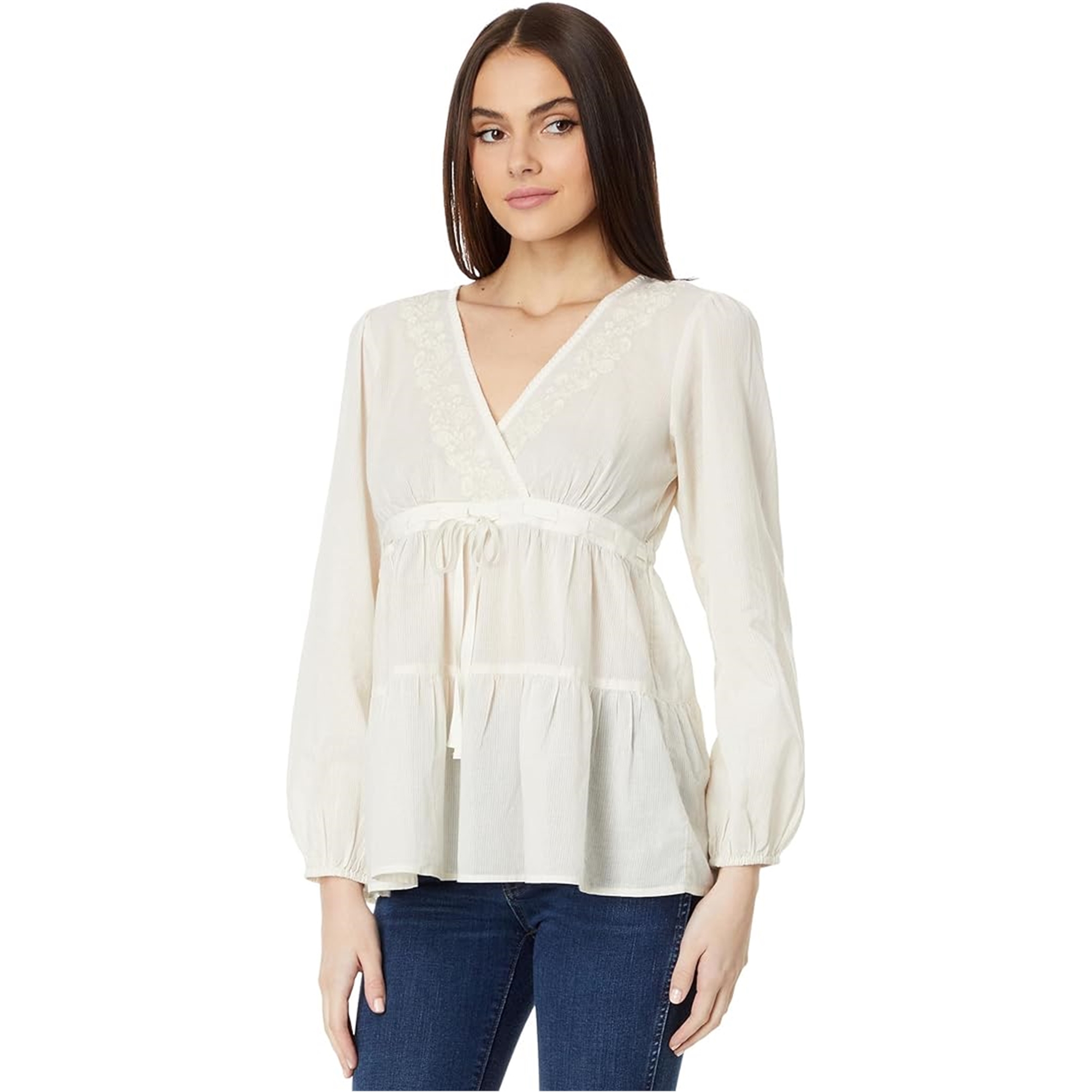 Lucky Brand Womens Embroidered Babydoll Baby Doll Blouse, Beige, Large